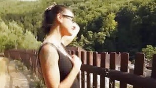 Busty teen strokes outdoors for cash